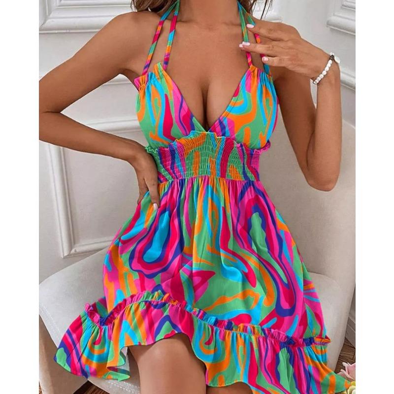 Vestido frente única com decote halter e costas nuas, vestido de festa com babados na cintura, roupas femininas