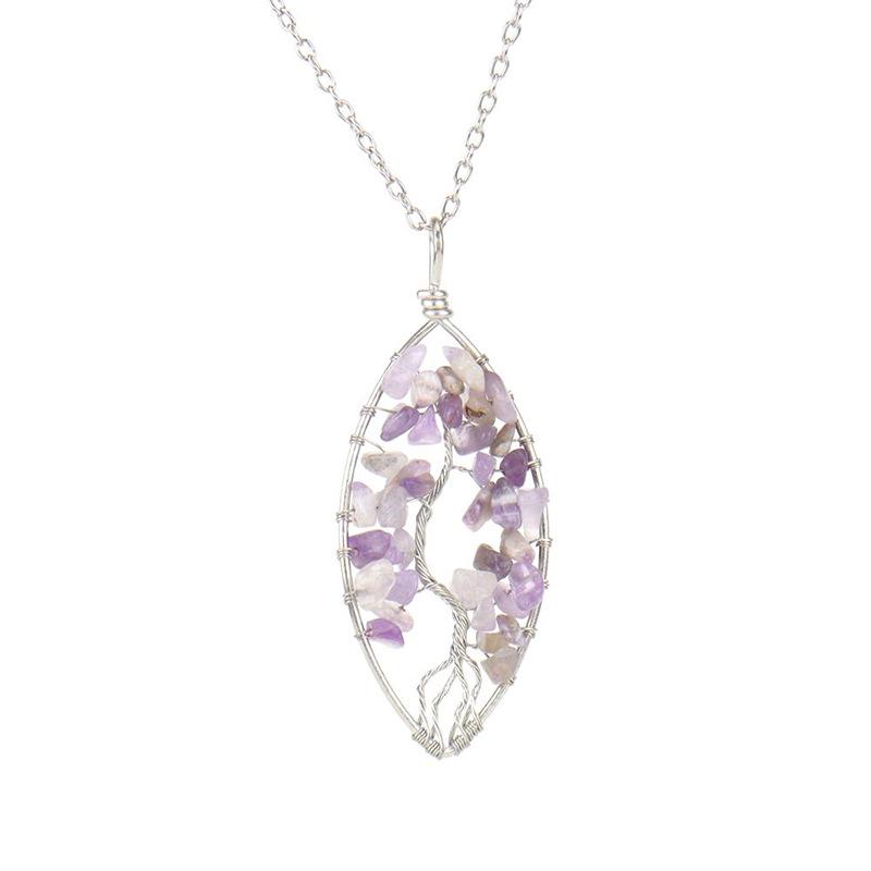 Hand-Wrapped Silver Natural Gravel Tree Of Life Necklace, Curved Crystal Lucky Tree Leaf Necklace N04