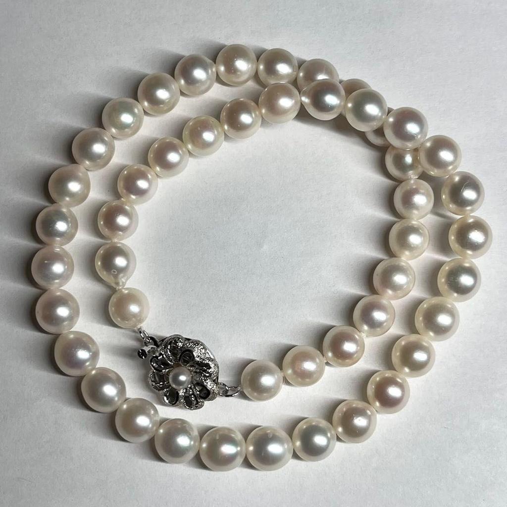 Used Aurora Interference colorLarge Beads Akoya Pearls 8.0-8.5mm Necklace Silver Engraved Pearl Necklace Pearl