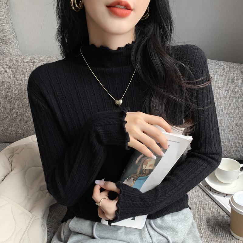 Fresh and fashionable semi-turtleneck fungus edge long-sleeved knitted sweater women's spring age-reducing thin bottoming top