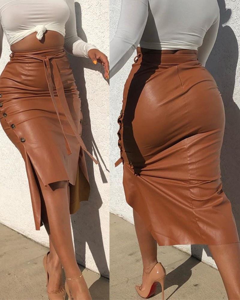 Dámská trendy PU kožená midi sukně jednobarevná s vysokým pasem šněrovací boční knoflík s tužkou