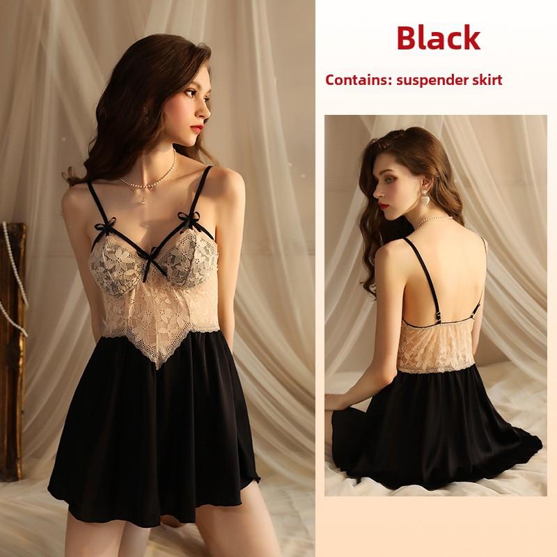 Sexy Deep V Lace Satin See-through Suspender Skirt Nightdress Women's Loungewear