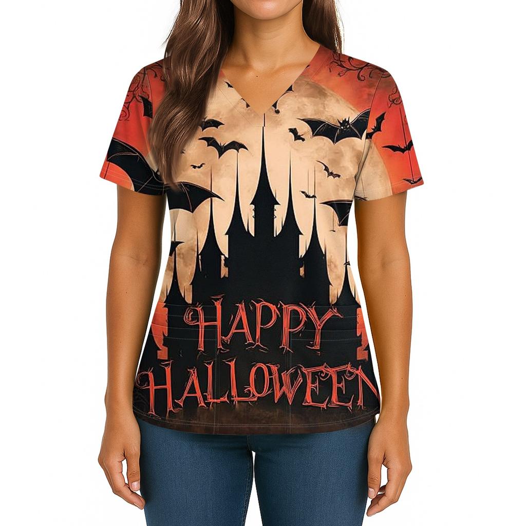 Women's Halloween Printed V-Neck Double Pocket Short Sleeves Hem Slit Uniform Caregiver Top