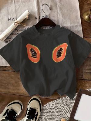 Papaya Print Round Neck Short Sleeve T-shirt Casual and Simple Style Suitable for Summer Ladies' Daily Wear