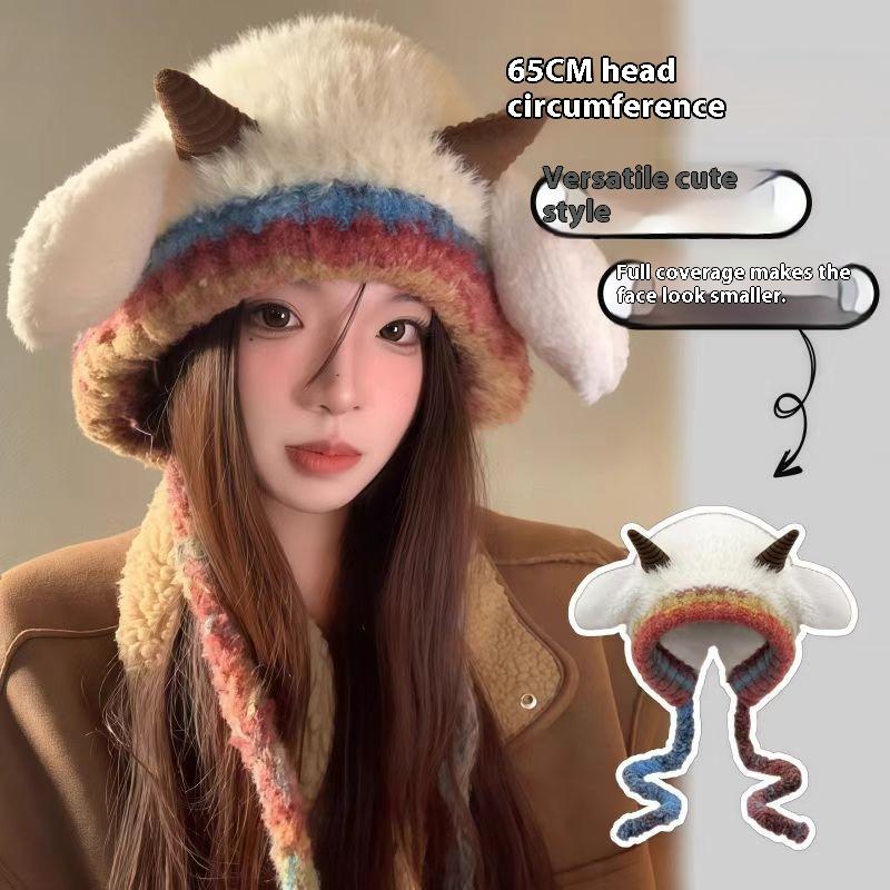 Cute Korean Double-Layer Thick Version Lamb Ears Knitted Ear Protection Loose Big Head Circumference Warm Cold Proof Plush Hat