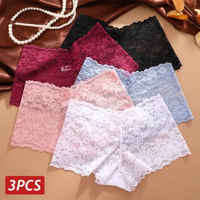 3PCS/Set Women Lace Panties V Waist Sexy Lingerie Perspective Solid Color Boyshorts Female Breathable Underwear Floral Lace Pant
