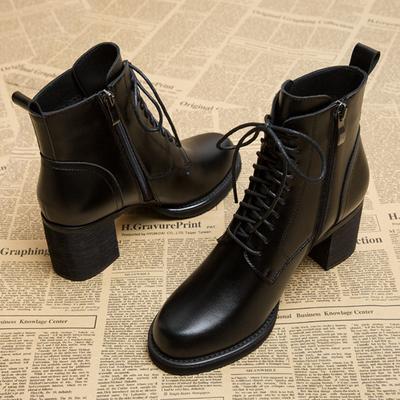 Moda Vintage Czarne Sznurowane Botki Kobiety Moda Design z Bocznym Zamkiem Gruby Obcas Damskie Botki Wygodne Okrągłe Palce Zapatos De Mujer