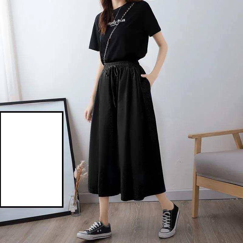 

Летние элегантные офисные женские свободные широкие брюки с высокой эластичной резинкой на талии, женские однотонные повседневные юбки большого размера, брюки с карманами XL чёрный