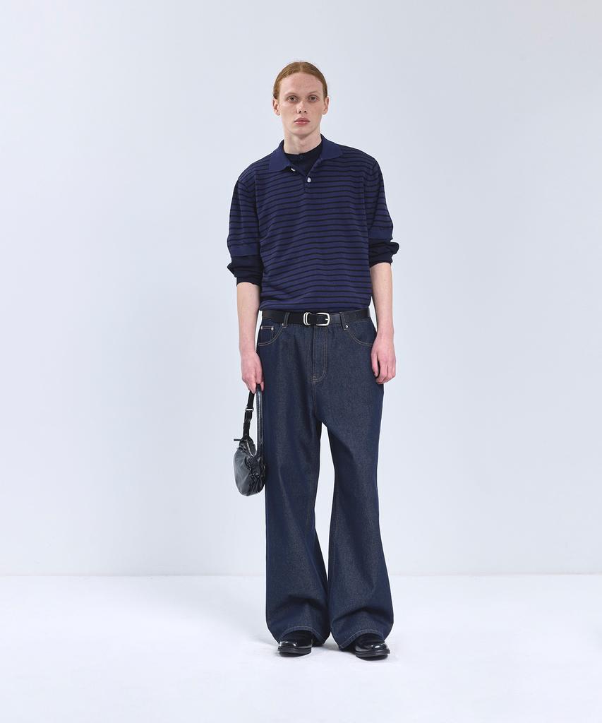 IRONYPORNO WHITELINE 86-Iro358 Color Stripe Button Collar Short Sleeve Knit Deep Navy