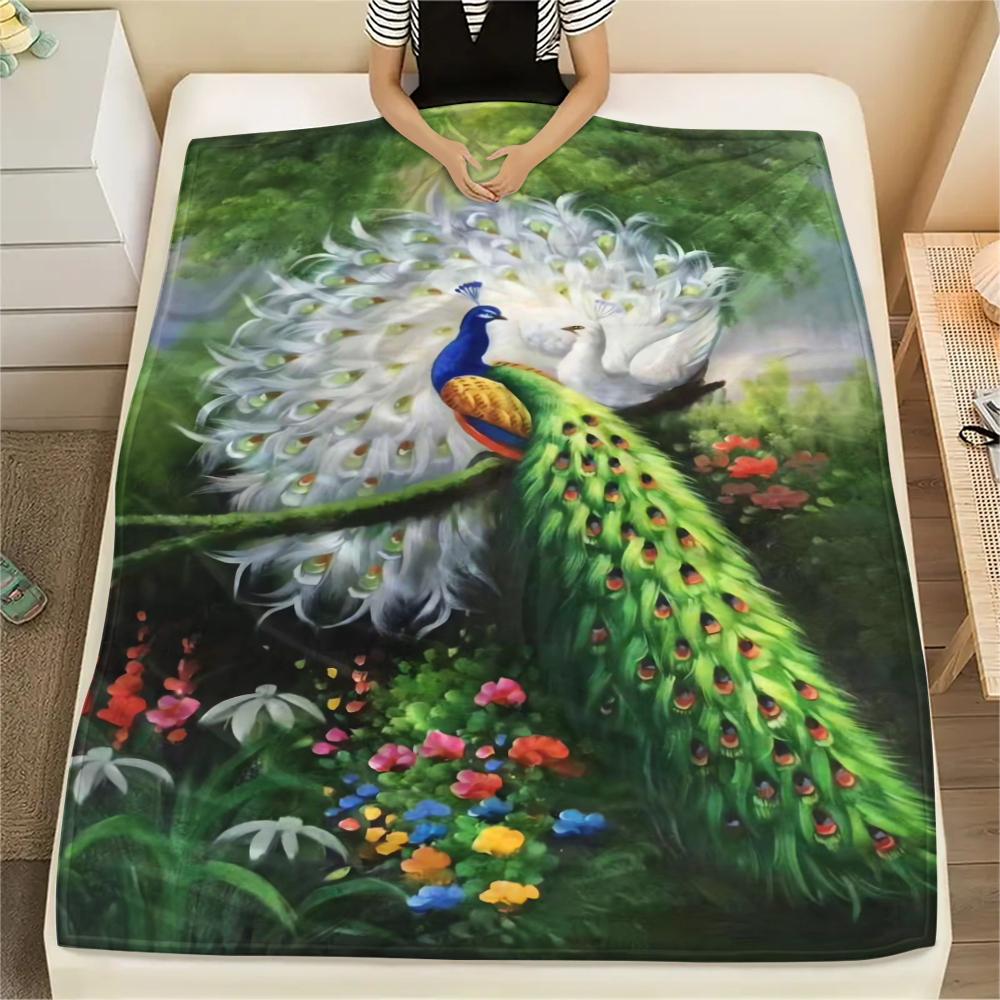 1Pc Peacock Oil Painting Print Flannel Blanket, High Quality Comfortable for All Seasons, Home Decor, Warmth and Comfort, Perfect for Christmas Gifts