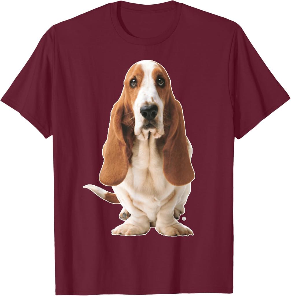 Basset Hound Dog Sitting Graphic Tee Breathable Cotton Casual Short Sleeve T-Shirt for Men