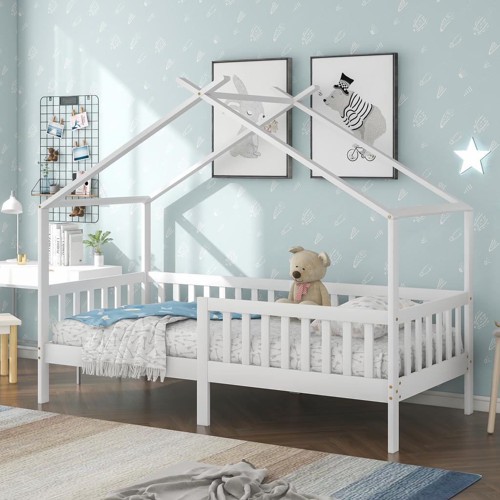 Beautiful house bed, children's bed solid wood with fence and slatted frame, children's and youth room with fall protection, white (200x90 cm)
