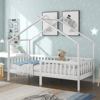 Beautiful House Bed, Children's Bed Solid Wood with Fence and Slatted Frame, Children's and Youth Room with Fall Protection, White (200x90 Cm)