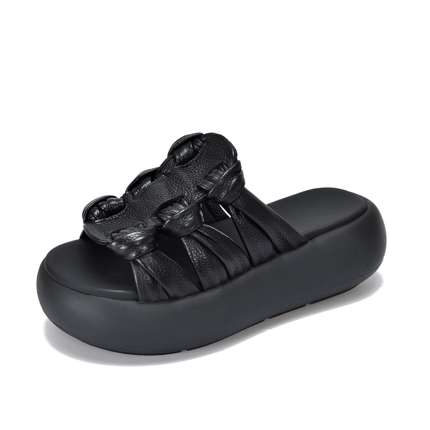 

Johnature Genuine Leather Lightweight Platform Slippers Retro Cowhide Women s Slip-on Shoes 35