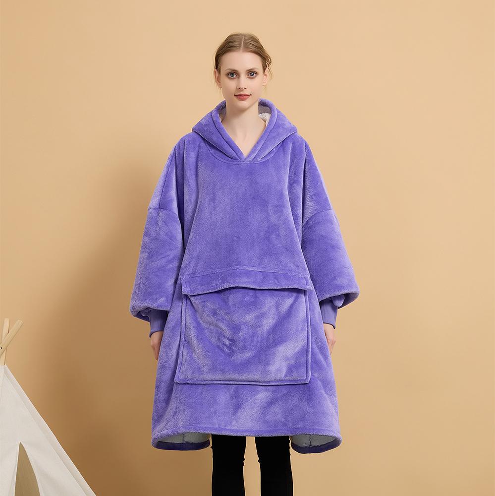 Manufacture Comfortable 100% Polyester Hooded Blanket Flannel Fleece Solid Color Cozy Warm Blanket Hoodie