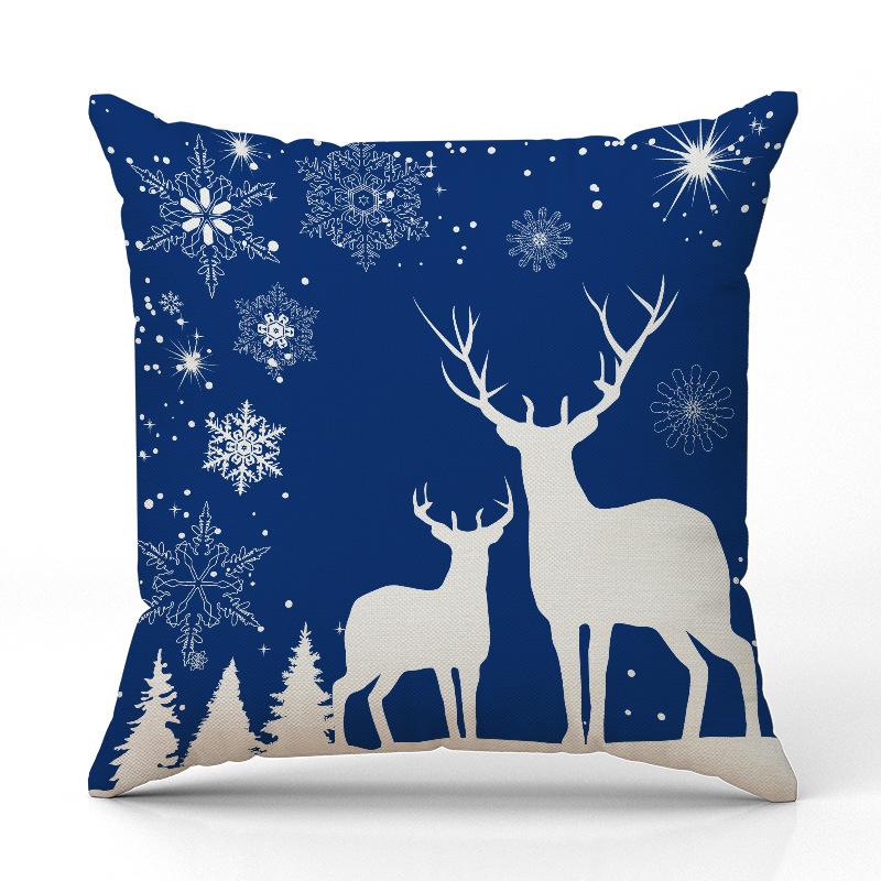 New Blue Deer Christmas Pillowcase Linen Printed Pillowcase Festive Indoor Sofa Decoration Cushion Cover