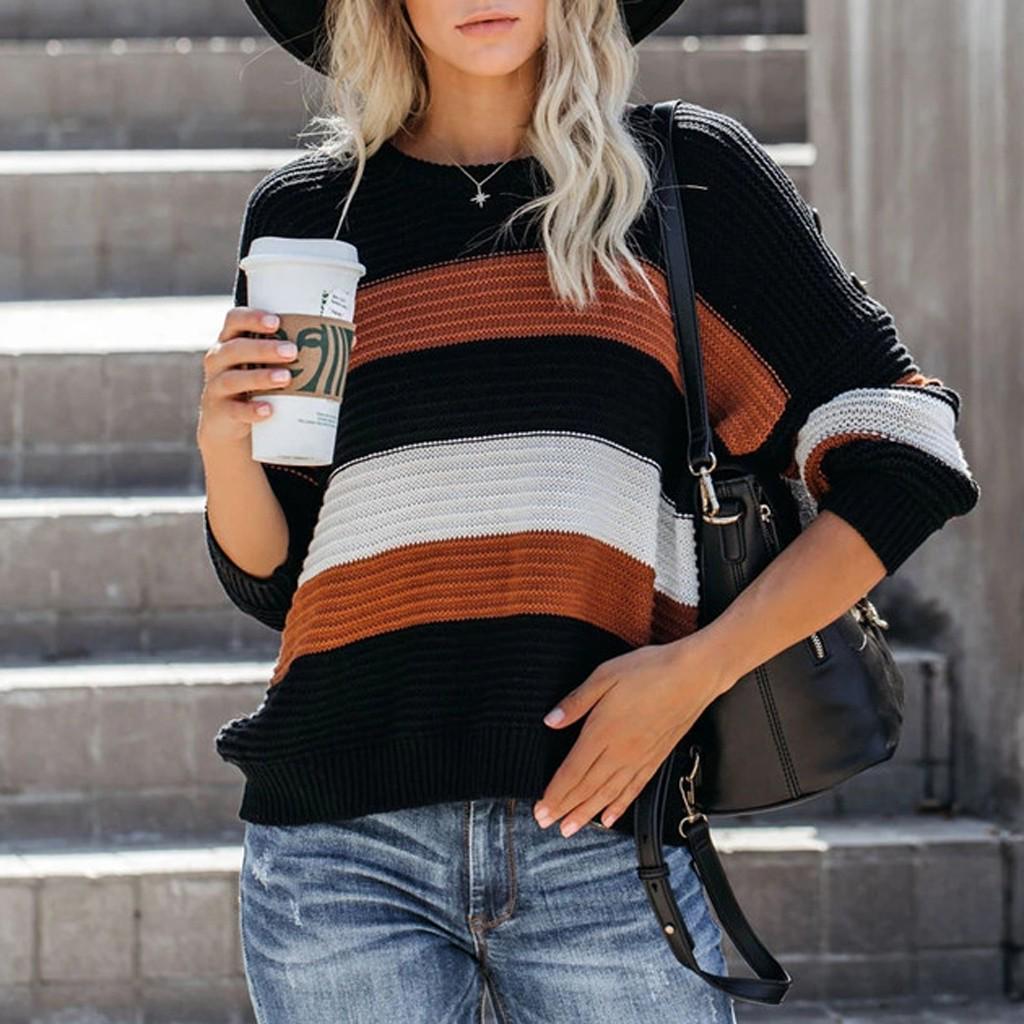 Women's Long Sleeve  Striped Color Block Casual Loose Knitted Pullover
