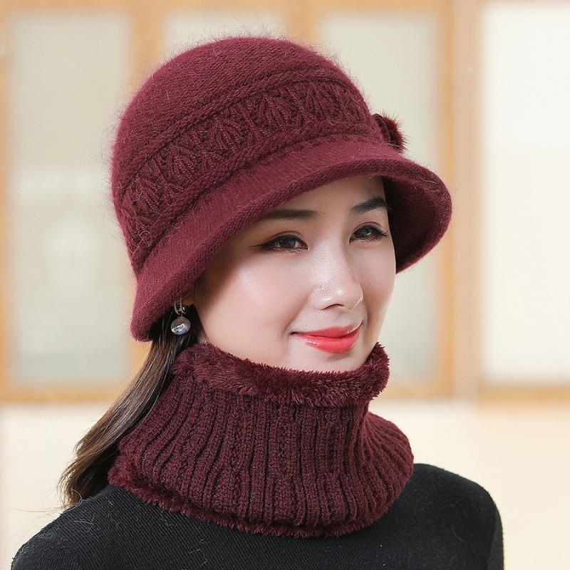 Winter Middle-aged Elderly Mothers' Hats Rabbit Fur Plush Thick Knitted Basin Hats Warm Windproof Hats Neckband Kit