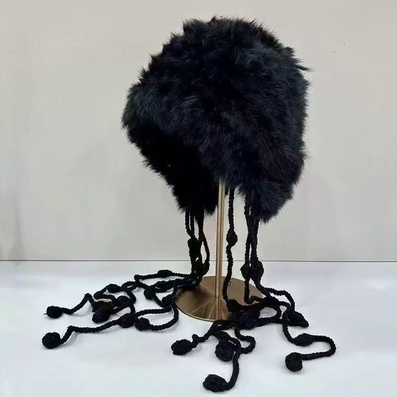 Damen Handgemachte Häkelmütze aus Kaninchenfell: Weiches, Warmes, Ohrenschützendes Plüsch für Herbst und Winter