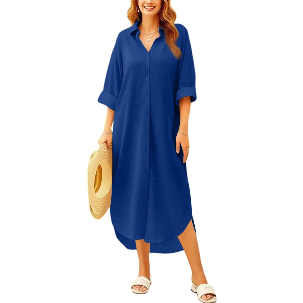 Loose Fit Mid-Length Shirt Dress Women Long Sleeve Button Down Shirt Dress Casual Collared Shirt Dress with Roll-Up Sleeves
