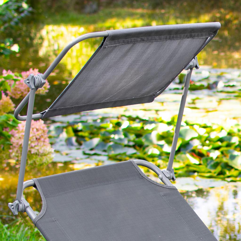 Foldable Garden Lounge With Roof Grey Steel Beach Chair Sun Chair