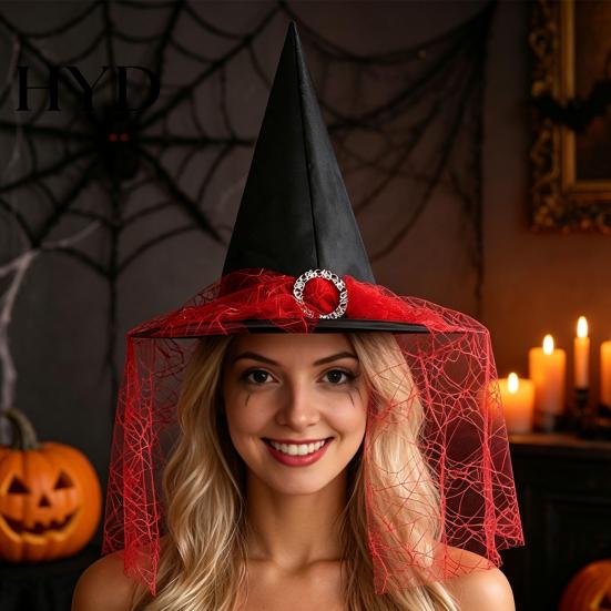 Holiday Costume Photo Prop Steeple Halloween Witch Hat, with Lace Edge, Lightweight Hat for Breathable Pointed Headwear, Cosplay Party Magician