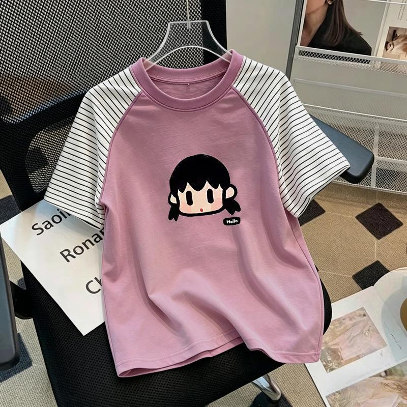 Girls' Trendy Patchwork Striped Cotton T-Shirt - Summer Short-Sleeve Round Neck for Medium & Large Sizes