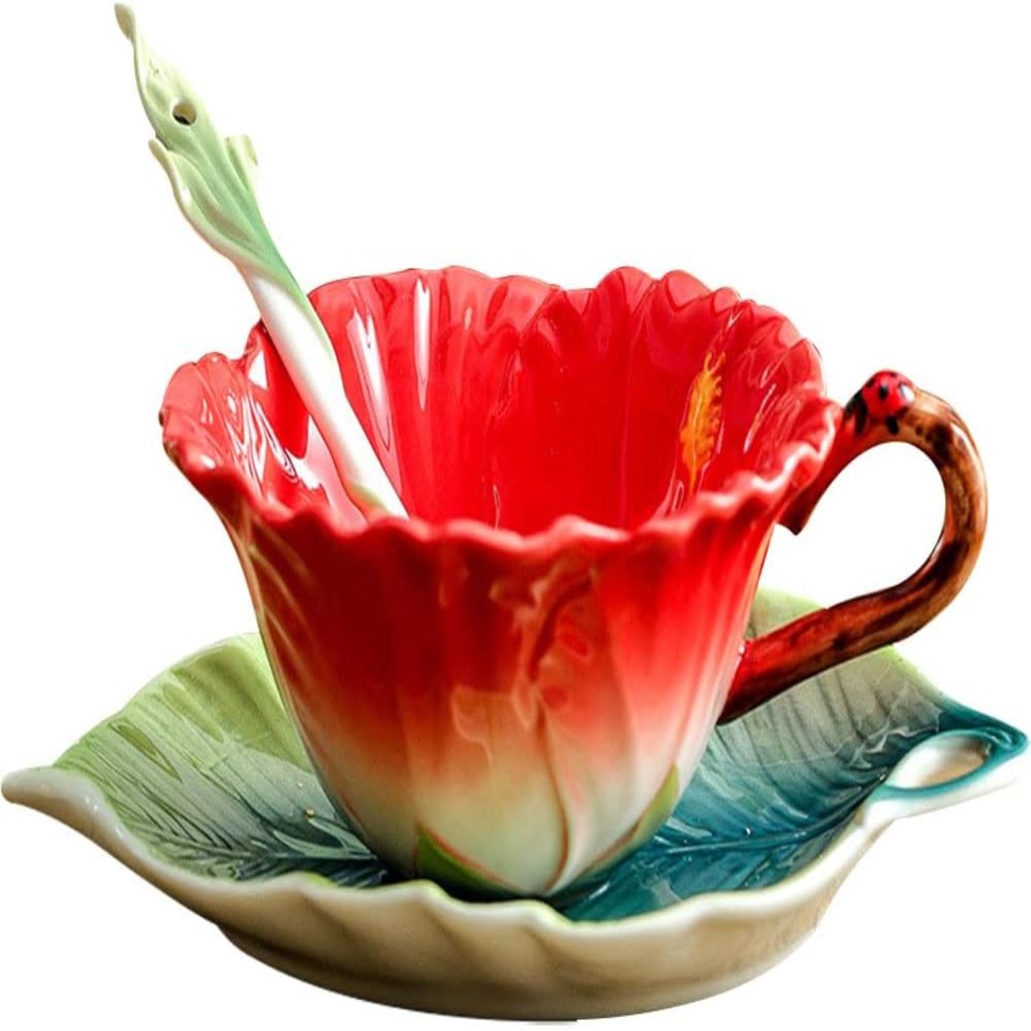 

Керамическая 3D кружка для кофе и блюдце с ложкой - Винтажная цветочная чашка для чая с декоративной ручкой - Уникальный подарок на день рождения, свад красный