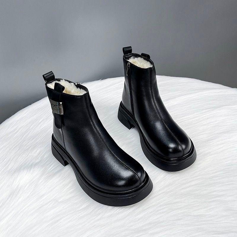 Women's Genuine Leather Thick-Soled Martin Boots - Waterproof, Fur-Lined, Non-Slip, Winter Short Boots