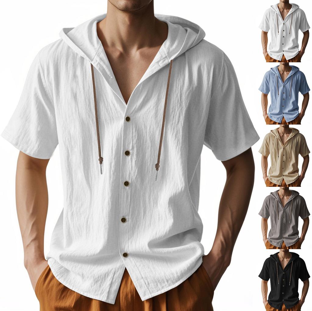 Tk American Summer Thin Breathable Linen Ami Kaji Loose Hooded Men'S Short Sleeve Shirt