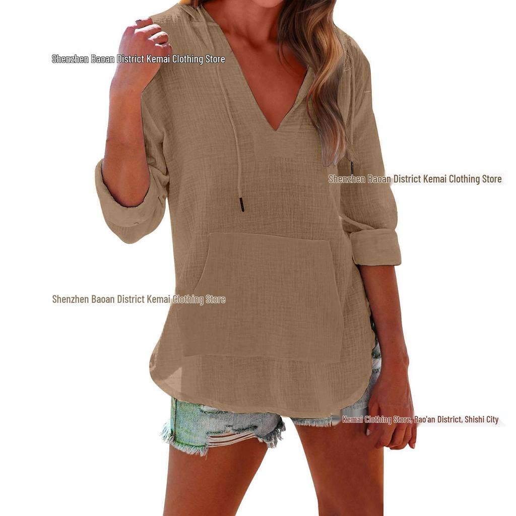 European & Asian 2025 Spring/Summer Women's V-Neck Long Sleeve Beach Hoodie with Pocket