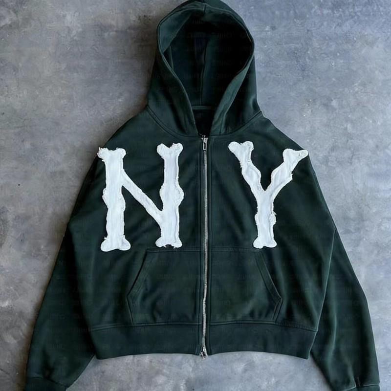 Mens Hooded Zip-Up Sweatshirt With Embroidered NY - Loose Fit Casual Pullover Fall