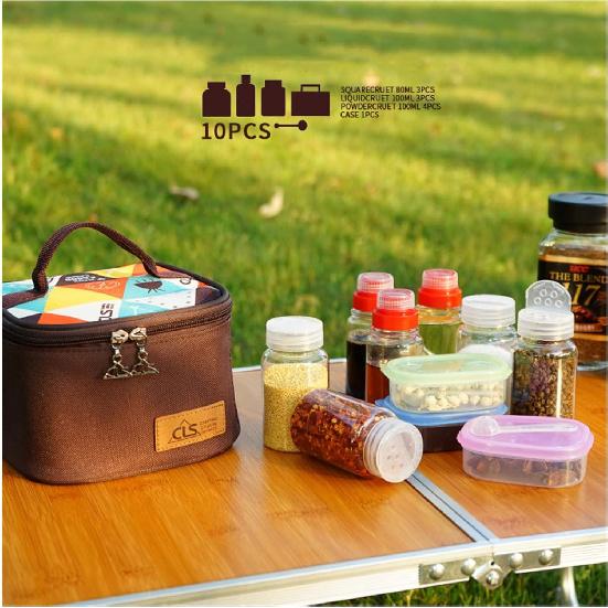 Travel Spice Containers Kit, 3 Pcs 2.7 oz Liquid Spice Bottles, 3 Pcs 3.3 oz Sauce Bottle, 4 Pcs 2.7 oz Spice Box with Small Spoon, Durable Storage