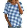 Damen Vintage Karomuster Kurzarm Rundhals Bluse Leichte Atmungsaktive Leinenmischung Lässiges Oberteil für den Alltag