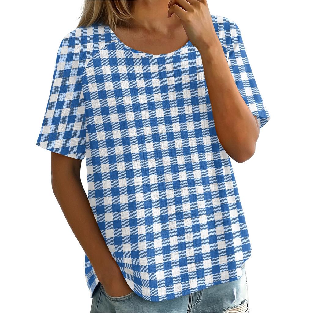 Damen Vintage Karomuster Kurzarm Rundhals Bluse Leichte Atmungsaktive Leinenmischung Lässiges Oberteil für den Alltag