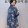 Denim Flower Print Turn Down Collar Long Sleeve Women's Blouses and ShirtsCasual Oversized Tops Bust Outwears