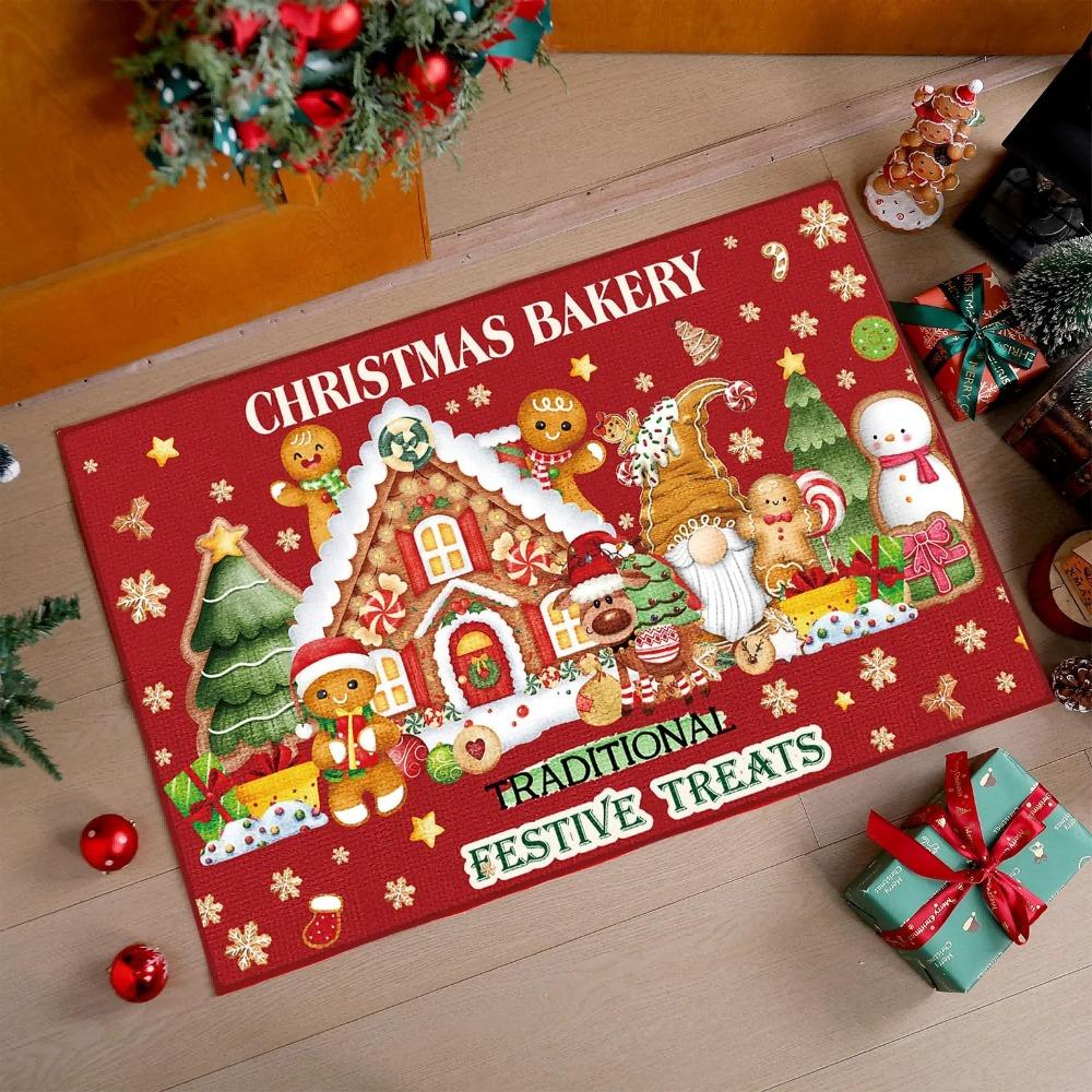Christmas Gingerbread House Carpet Santa Snowman Rug "MERRY CHRISTMAS" Mat Illustration Mat for Home Decoration Entryway Floor