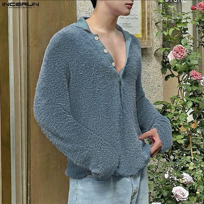 INCERUN Oversized Men Lapel Neck Long Sleeve Buttons Casual Loose Texture Pullovers Tops