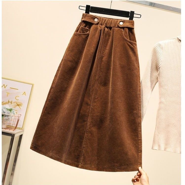 Autumn and Winter Women's Plus-size Skirt Mid-length Loose High-waist A-line Corduroy Skirt