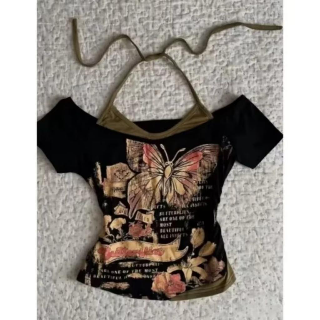Camisetas de verano de dos piezas con cuello halter y vendaje estilo vintage, camisetas Y2k estéticas ajustadas, camisetas sexis informales con estampado grunge para mujer
