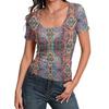 Women's Slim Fit Square Neck Short Sleeve Top Vintage Floral Print Stretchy Casual Blouse for Daily Wear