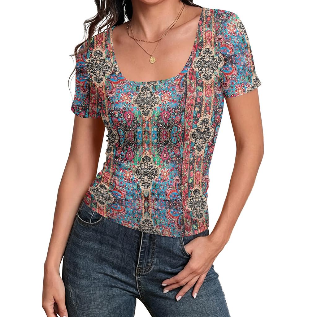 Women's Slim Fit Square Neck Short Sleeve Top Vintage Floral Print Stretchy Casual Blouse for Daily Wear