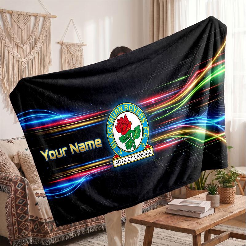 Blackburn Rovers FC Personalized Fleece Blanket With Football Logo, Custom Name Text Soft Warm Home Throw Blanket