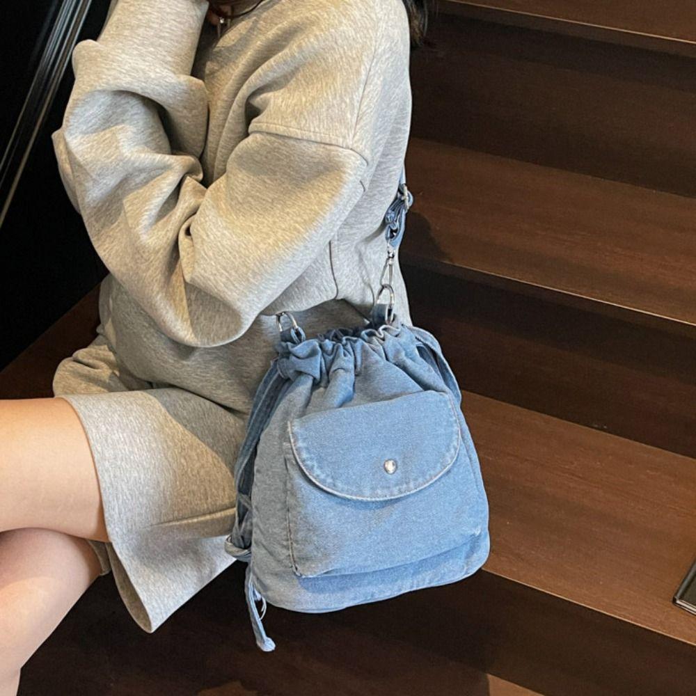 Korean Style Retro Denim Shoulder Bag Crossbody Bag Solid Color Drawstring Bucket Bag Wallet Bags Purse Mobile Phone Bag Men