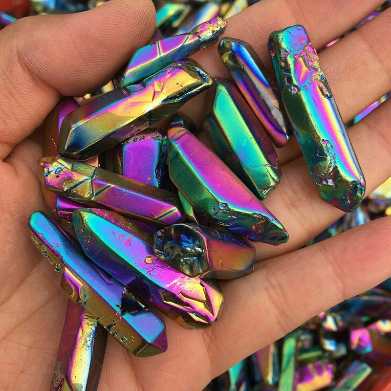 Rainbow Electroplate Colorful Titanium Aura Lemurian Seed Quartz Crystal Decor