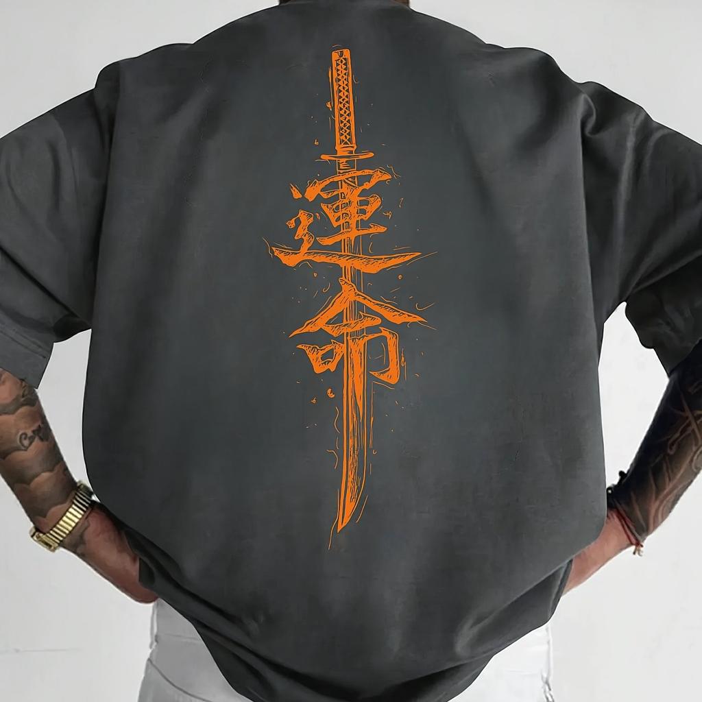 Mens Short Sleeved Tshirt with Japanese Samurai Sword Pattern Fashionable and Casual Round Neck Top for Spring and Summer