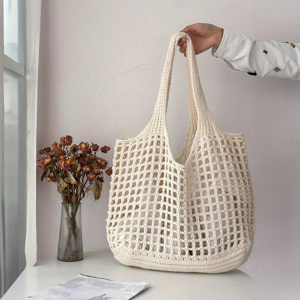 Lightweight Women's Minimalist Crochet Tote Bag Large Capacity Hollow Out Woven Design, Durable Fabric with Fixed Shoulder Strap