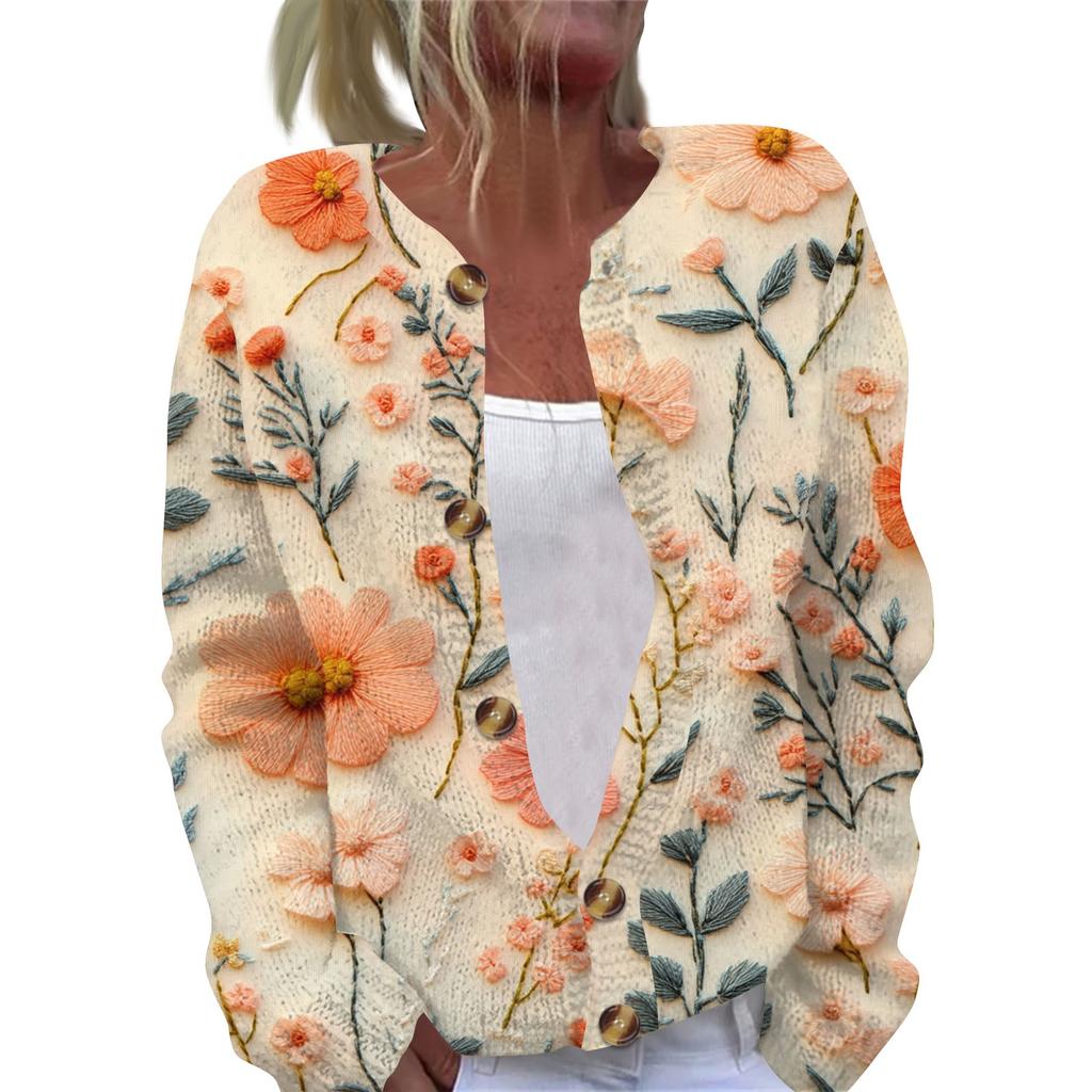 Damen Casual Fashion Retro Blumendruck Langarm Top Strickjacke Knopfjacke