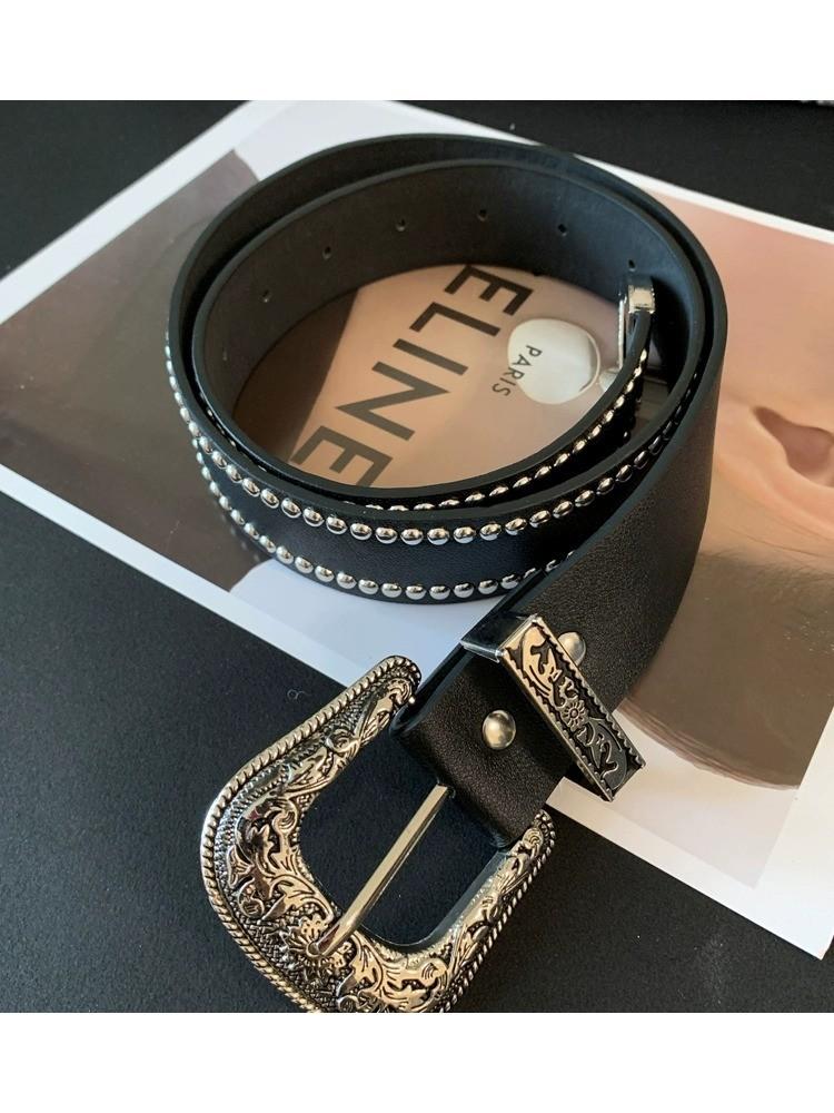 

Стильный кожаный ремень для девушки в стиле панк с металлической пряжкой-булавкой для повседневной моды чёрный