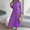Women Long Sleeve A Line Dress High Waist Stand Collar Pleated Solid Long Dress Autumn Winter Sizes S To XXXL